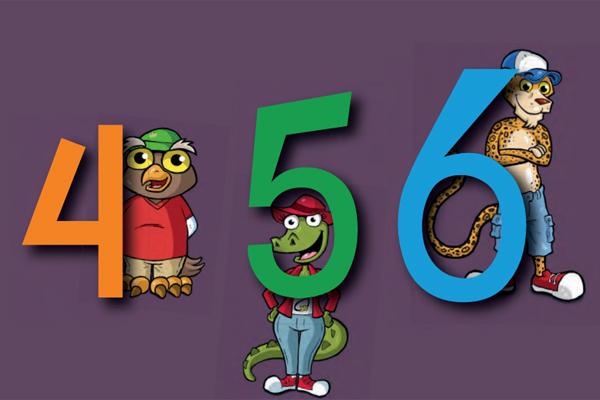 Ilustración de los números 4, 5 y 6 junto a los personajes del libro: una lechuza, un yacaré y un jaguareté.