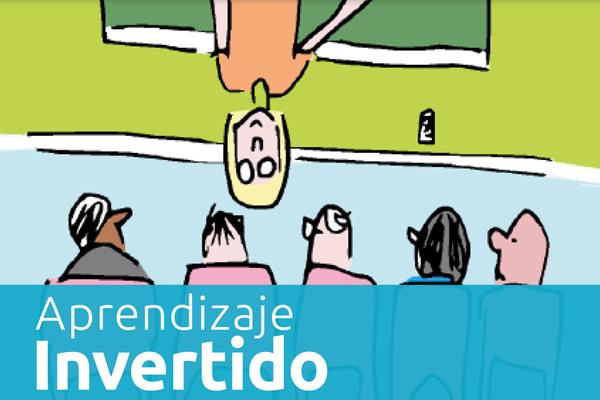 Ilustración de una docente cabeza abajo frente a un grupo de alumnos.