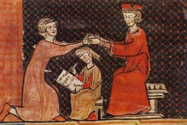 Miniatura feudal sobre la ceremonia feudal entre el vasallo y el señor