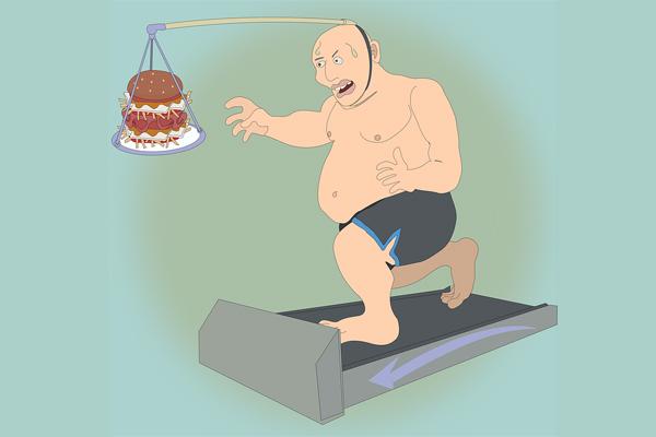 Dibujo de hombre corriendo en cinta caminadora tras una hamburguesa.