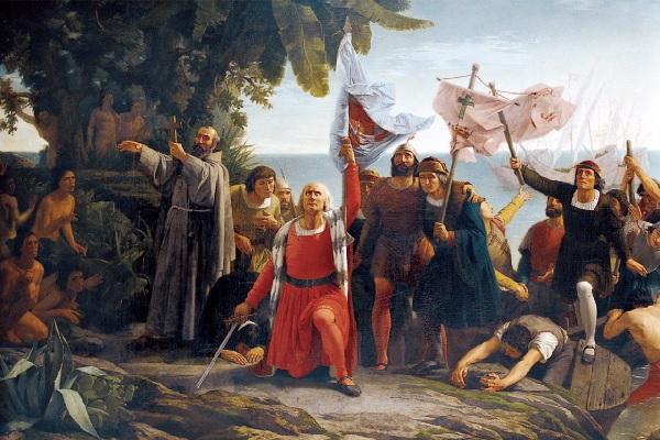 Cuadro con Colón y los españoles en el desembarco en América