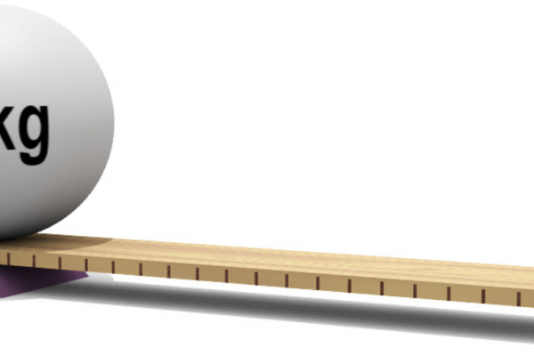 Tabla en posición horizontal apoyada sobre una cuña que se encuentra cerca de uno de los extremos, en dicho extremo está apoyada una pelota de 100 kg. En el otro extremo de la tabla hay una pelota de 5 kg.
