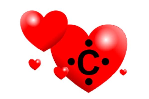 Corazones dibujados junto a la estructura de Lewis del Carbono