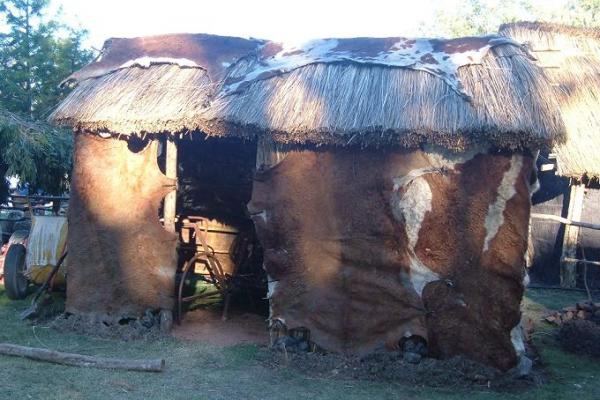 Fotografía de la reconstrucción de un rancho del siglo XVIII utilizando como materia prima el cuero en la Fiesta de la Patria Gaucha.