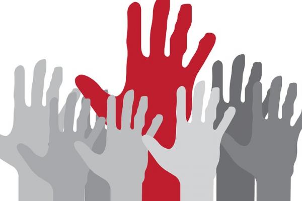 Imagen que muestra muchas manos abiertas y juntas, en el centro una se destaca por tener color, simbolizando el trabajo en conjunto con el apoyo de un referente