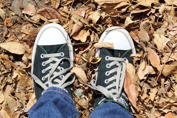 Imagen que muestra los pies de un chico que lleva puestos unos championes tipicos de uso adolescente. El suelo está cubierto por una alfombra de hojas de otoño