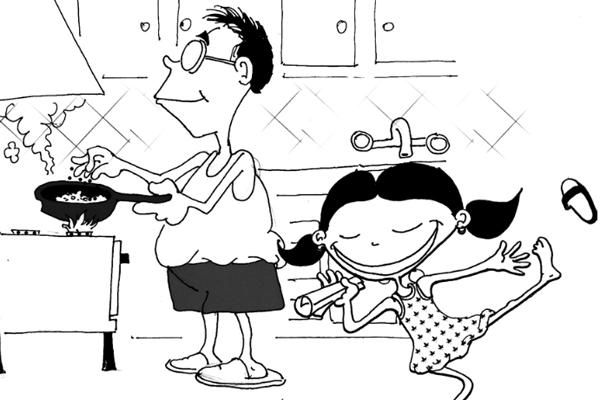 Ilustración de una niña y su padre en una cocina. 
