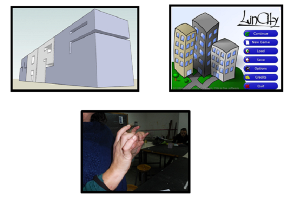 Imagen de edificio, lincity y manos en movimiento
