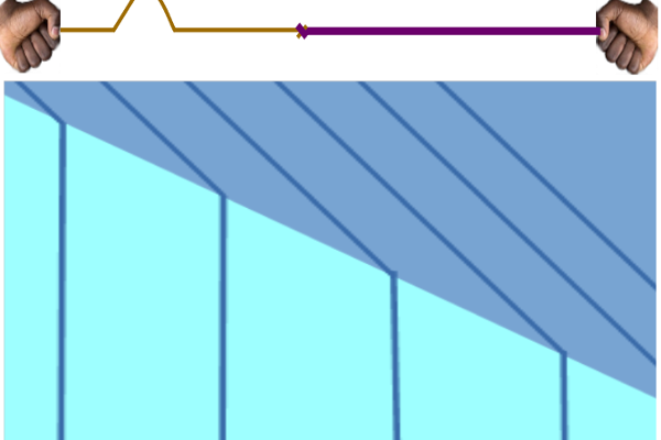 Se ve una cuerda unida a otra diferente siendo tensada y por la cual viaja un pulso. Debajo se ve la representación de la refracción de las ondas en la superficie del agua con diferente profundidad.