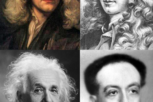 Retratos de Newton, Huygens, Einstein y De Broglie