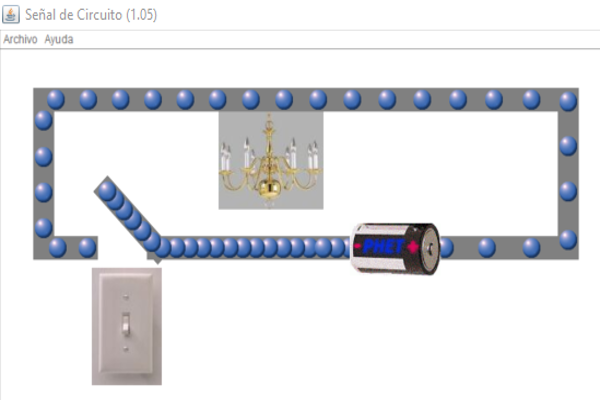 Captura de pantalla del simulador, en el que se ve un circuito con el interruptor abierto.