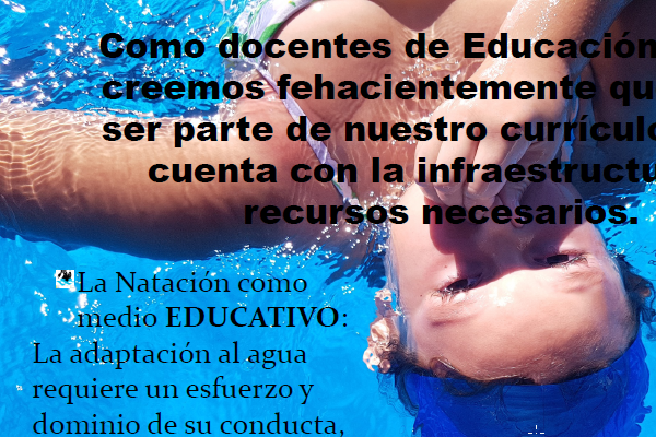 Joven realizando flotación en piscina con texto sobreimpreso en la imagen.