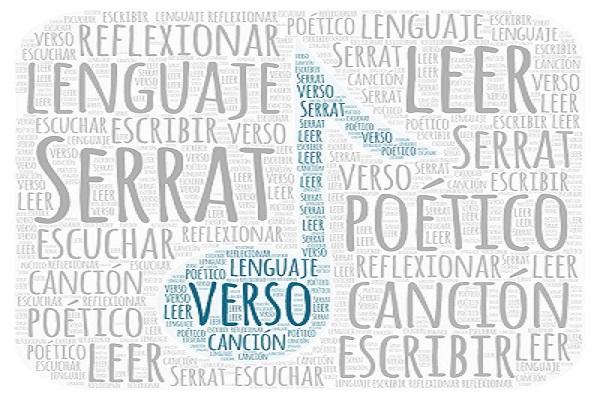 Nota musical con palabras clave sobre la propuesta: Serrat, canción, escuchar, leer, escribir, reflexionar, lenguaje poético, verso.