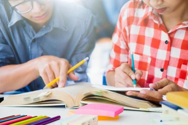 Imagen de dos estudiantes repasando juntos un libro.