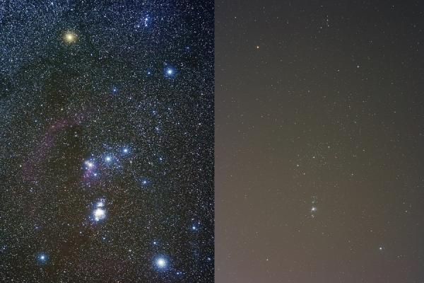 imagen comparativa; Orión en cielo oscuro y en cielo con resplandor.