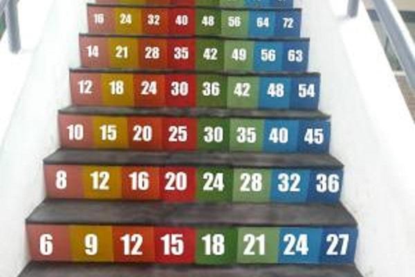 Escalera con escalones en donde fueron pintadas las tablas de multiplicar del 2 al 9