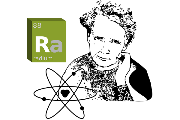 Dibujo que representa a Marie Curie, el modelo atómico de Bohr y el símbolo del elemento químico radio