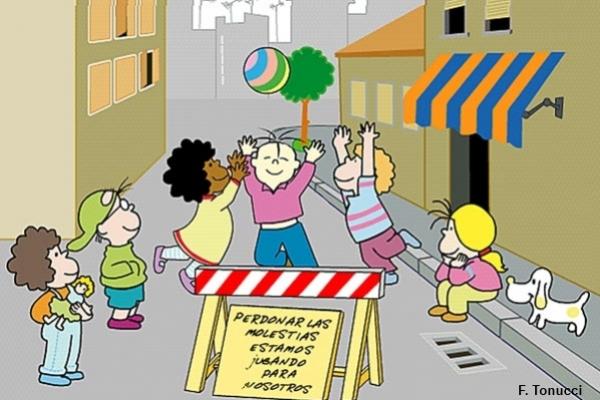 Caricatura de niños jugando a lanzar pelotas en una calle.