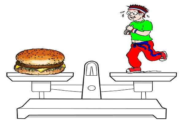 Dibujo de balanza con una hamburguesa en un platillo y un hombre corriendo en otro.