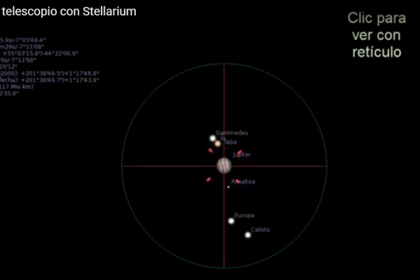 Júpiter y sus cuatro satélites galileanos vistos con el simulador de telescopio