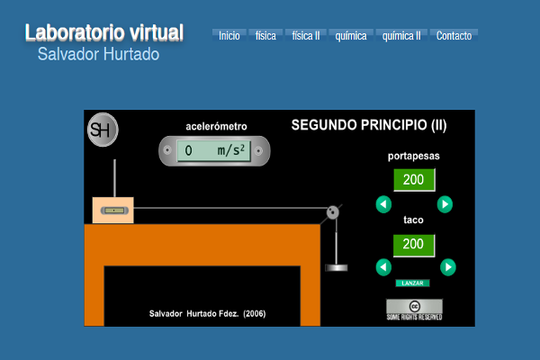Captura de pantalla del simulador, se visualiza una mesa con un taco encima que tiene una cuerda atada a él, que pasa por una polea y lo vincula a un portapesas que se encuentra colgando de la cuerda..