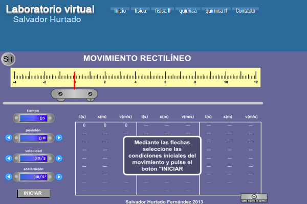 Captura de pantalla del simulador: movimiento rectilíneo