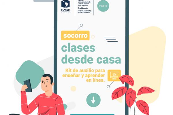 Persona con celular en mano, ícono del material que proporciona ayuda para aprender y enseñar en línea.