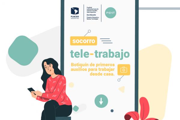 Ícono del tele-trabajo en el que se presenta a una mujer trabajando desde su dispositivo electrónico.