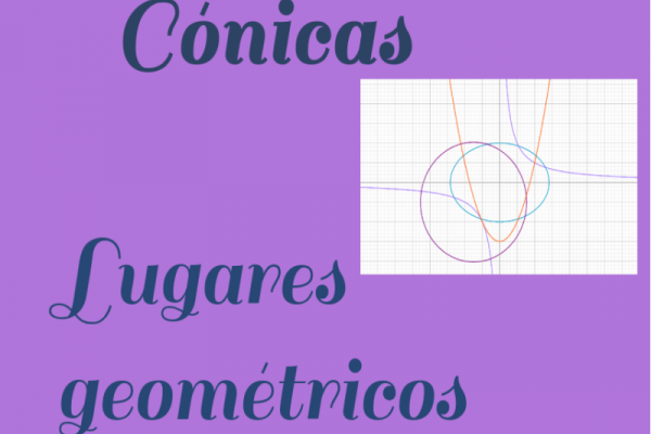 Contiene dos leyendas:"Cónicas" y "Lugares geométricos" e imágenes realizadas en geogebra de cónicas