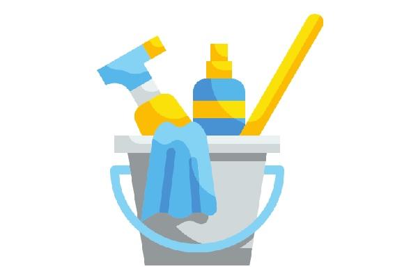 Icono de balde con productos de limpieza en su interior.