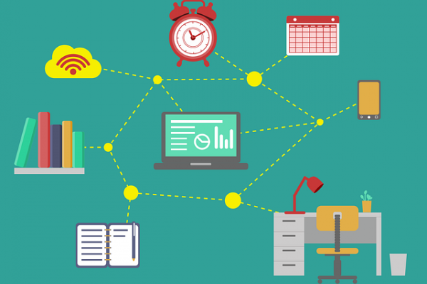 Conectividad, computadora en el medio 