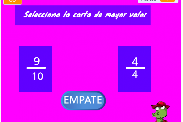 Pantalla del juego donde se exponen dos cartas con fracciones.