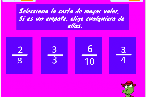 Pantalla del juego donde se exponen cuatro cartas con fracciones.
