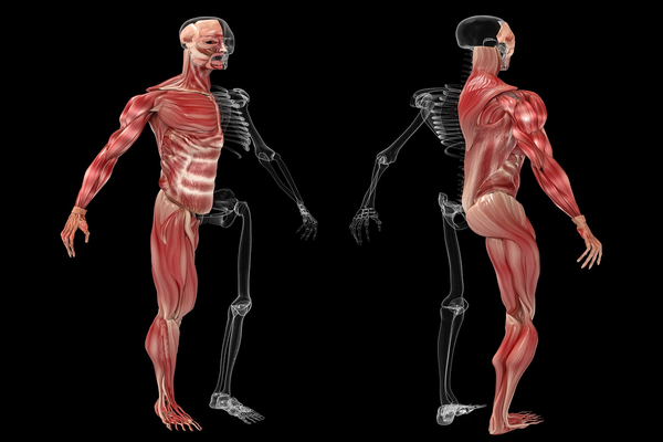Figuras de cuerpos humanos mostrando músculos y huesos.
