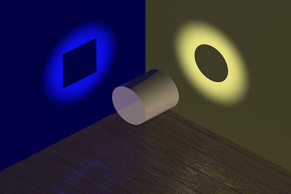 Imagen que muestra un cilindro y se proyectan sus sombras en dos superficies, en una se ve la sombra de un círculo y en la otra se ve la sombra de un rectángulo.