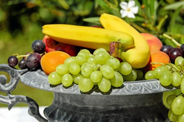 Diferentes frutas (bananas, uvas, ciruelas y duraznos). Imagen libre de derechos de autor. 