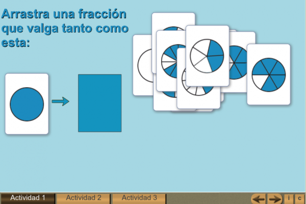 Ejemplo de una de los tres tipos de actividades que presenta la aplicación para relacionar distintas representaciones del mismo número racional