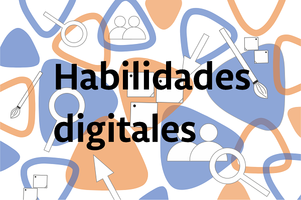 diseño con figuras, flechas, lupa, post its.