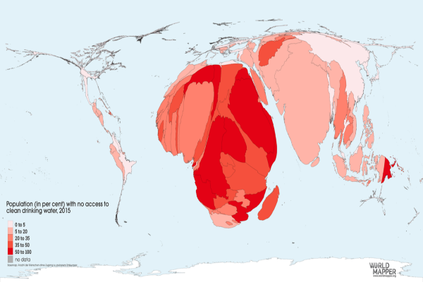 Cartograma: "Sin acceso al agua per cápita" - El mayor número de los más de 800 millones de personas que no tienen acceso a al menos agua potable básica vive en la India, seguida de Etiopía, Nigeria y China.