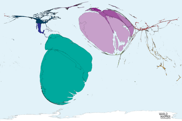 Cartograma: "Migración a Uruguay 1990-2017". El mayor grupo de inmigrantes a Uruguay que se produjeron entre 1990 y 2017 provino de Argentina, seguido de España y Brasil.