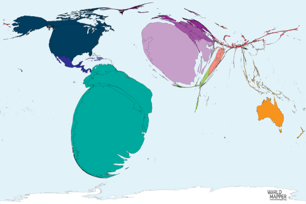 Cartograma: "Migración desde Uruguay 1990-2017". El mayor grupo de emigrantes desde Uruguay que se produjeron entre 1990 y 2017 se produjeron hacia Argentina, seguido de España y EE.UU.
