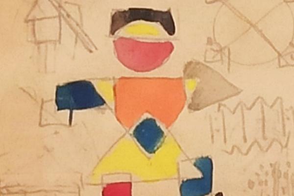 Imagen parcial de afiche con dibujos de Amalia Nieto de títere Petrushko, con formas geométricas, realizados en acuarela.