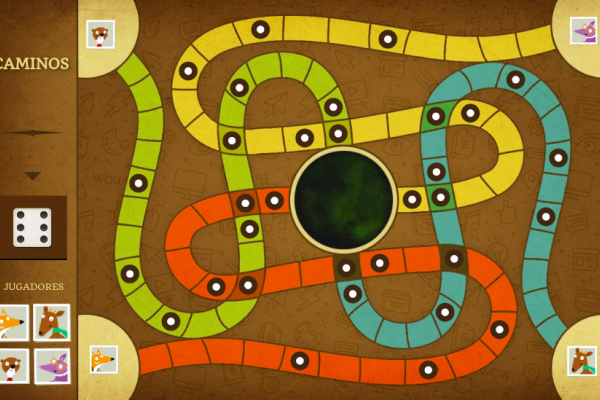 Tablero del juego con cuatro caminos y personajes de los cuadernos para hacer matemática en Inicial