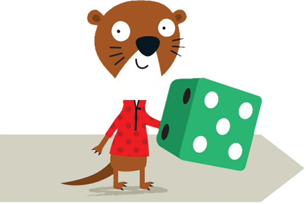 Personaje "Lobito" del Cuaderno para Hacer Matemática con un dado en su mano.