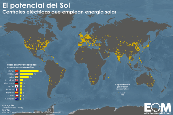 Mapa que presenta la producción de energía solar a nivel mundial. 