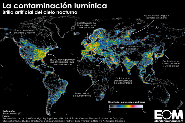 Mapa que presenta la contaminación lumínica a nivel mundial. 