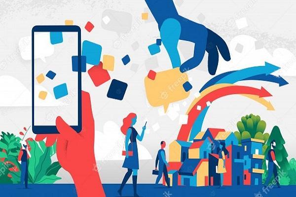 Pictograma de colores con personas y tecnología