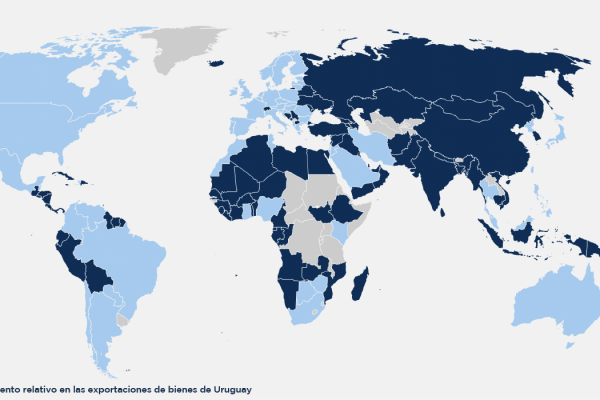 Planisferio en el que se destacan los principales destinos comerciales de Uruguay
