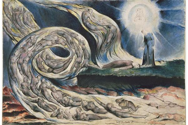 Pintura de William Blake que recrea el castigo de los lujuriosos envueltos en una tromba que los arrastra.