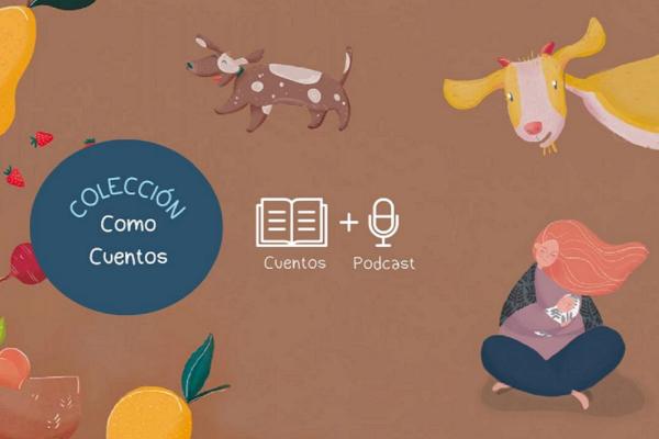 Imagen de ilustraciones de la colección Como cuentos, una mamá amamantando, una vaca, unas frutas y verduras.